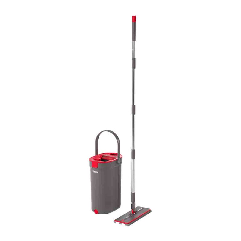 HOMEPRO AquaPuro Flat Mop System with Bucket & 2 Refill Pads, Lightweight Design, 135cm Handle, Microfiber Flat Mop for Efficient Floor Cleaning (Grey/Red) - Image 1